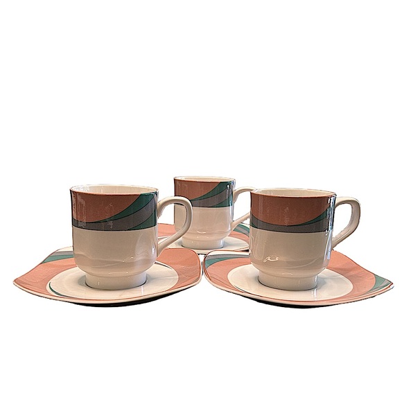 VTG 80s Sango Quadrille PINWHEEL PINK Wave  Semi Porcelain Footed Cups & saucers - Picture 1 of 10
